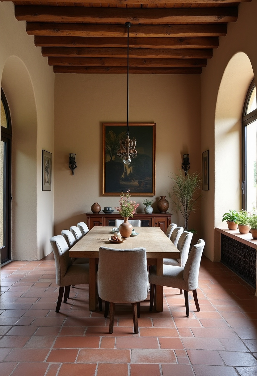 Step into timeless charm with this elegant dining room featuring a classic wooden table, eight padded chairs, and a beautiful terracotta tile floor. Soft natural light pours in through arched windows, creating a warm, inviting ambiance—perfect for lovers of Mediterranean-inspired interiors, elegant rustic decor, and warm earthy tones. Pin this graceful setup for your next dining room design inspiration!
#ElegantDiningRoom #TerracottaTiles #PaddedDiningChairs #ArchedWindows #WarmInteriors #RusticElegance #MediterraneanDecor #PinterestHomeIdeas #CozyDiningSpace