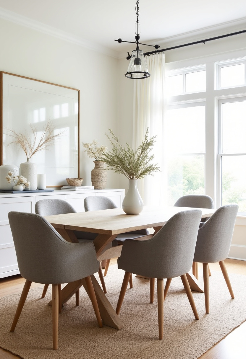 Bring calm and elegance to your home with this bright dining room featuring a wooden table, six gray chairs, and a simple vase of greenery. The white walls, large window, and soft carpet complete the serene and airy vibe—perfect for fans of Scandinavian style, minimalist dining rooms, and neutral home decor. ✨ Feeling inspired? Save this look to your dining room ideas board today!
#BrightDiningRoom #MinimalistHome #ScandinavianDecor #NeutralHomeStyle #DiningRoomInspo #ModernInteriorDesign #HomeDecorLovers #CozyMinimalism