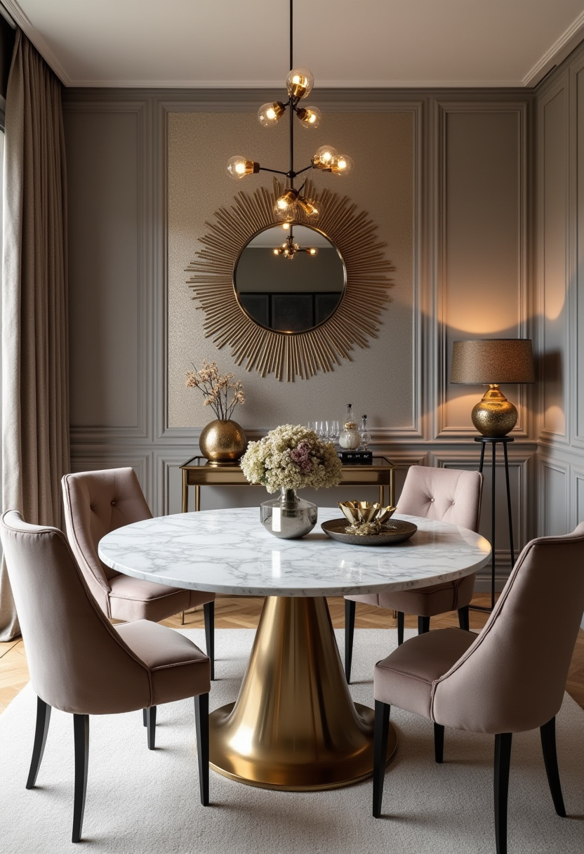 Make a bold statement with this elegant dining room featuring a round marble table with a stunning gold base and plush pink chairs. The sunburst mirror and chandelier bring in glamour and sophistication—perfect for luxe home decor lovers, modern glam interiors, and chic dining room ideas. ✨ Love stylish spaces with a touch of elegance? Don’t forget to pin this for your next home makeover!
#ElegantDiningRoom #GlamHomeDecor #ModernLuxury #MarbleTable #ChicInteriorDesign #DiningRoomGoals #HomeDecorInspo #GlamStyle