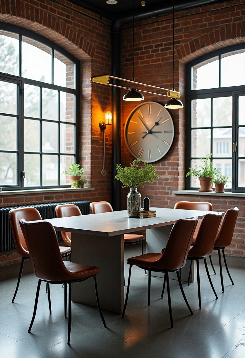 This stylish dining space blends rustic and industrial with a brick wall, large clock, and green plants around a wooden table with brown chairs. Save for warm, loft-like charm!
#industrialdecor #brickinterior #warmdiningroom #plantstyle
