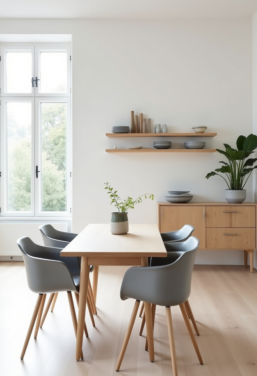 Bright and airy minimalist dining room with a light wood table, gray chairs, and open shelving. A potted plant adds natural freshness. Pin for calm simplicity!
#minimalhome #lightwoodinterior #cozyneutral #greendecor
