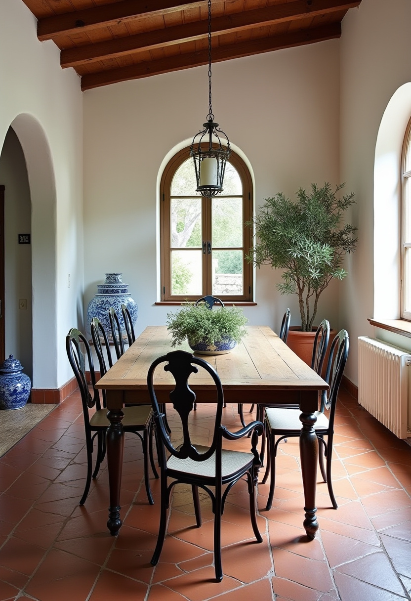 This warm dining room combines a wood table, black chairs, terracotta flooring, and an arched window. A potted centerpiece enhances the rustic charm. Pin for Mediterranean vibes!
#terracottatile #rusticinterior #archedwindow #diningroominspo
