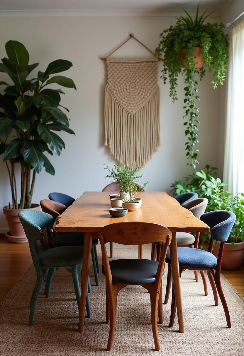Colorful and cozy, this boho dining room features a wood table, bright chairs, macramé, and greenery. Natural light enhances the inviting feel. Save this fun, earthy style!
#bohochic #colorfuldecor #plantstyle #eclecticdining
