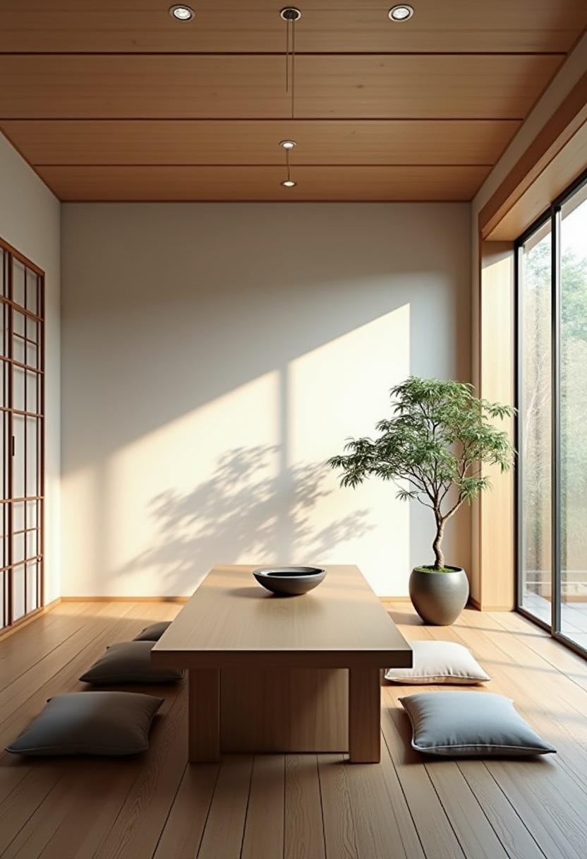 A serene Japanese-style dining space with a low wooden table, floor cushions, and minimal decor. Large windows bring in peaceful sunlight. Pin for zen-inspired calm!
#Japandistyle #lowtableliving #sereneinterior #minimalzen
