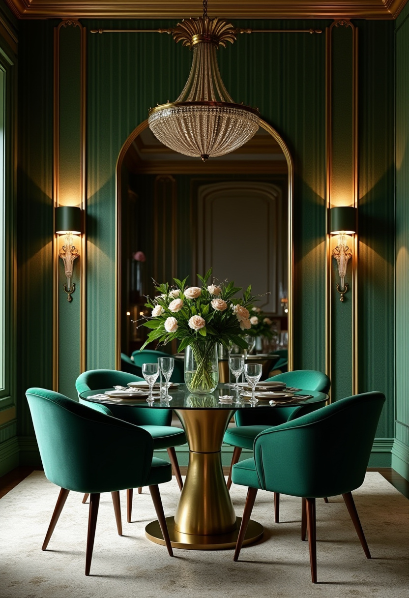 This luxurious dining room features a round glass table, emerald green chairs, and a gold chandelier. Floral centerpiece and green walls bring elegance. Save for rich modern style!
#glassdiningtable #greeninterior #luxurydining #chandelierdecor
