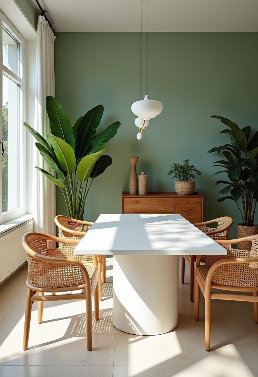 A modern dining area with a white table, wicker chairs, and green walls. Potted plants and soft light make this space fresh and inviting. Pin this natural-modern combo!
#greeninterior #wickerstyle #naturaldining #brightandairy
