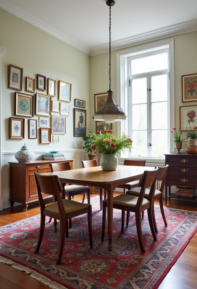 This charming vintage dining room features a wooden table, red rug, and framed art. A floral centerpiece and pendant light add cozy elegance. Save for nostalgic inspiration!
#vintagevibes #redrugstyle #artfilledwalls #cozydiningroom
