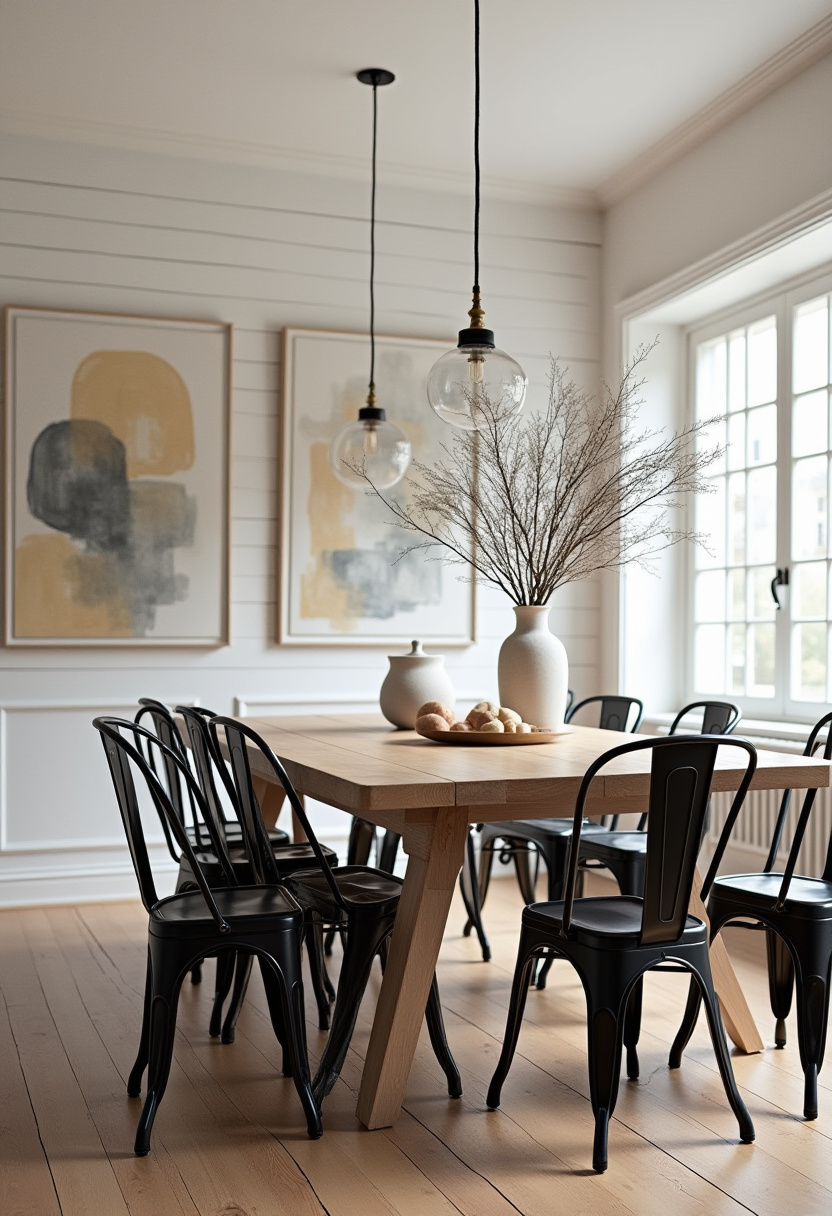 Modern industrial charm in this dining room with a wood table, black metal chairs, and two pendant lights. Abstract art and a branch vase add cozy contrast. Pin this bold minimalism!
#industrialmodern #blackandwood #boldminimalist #pendantlights
