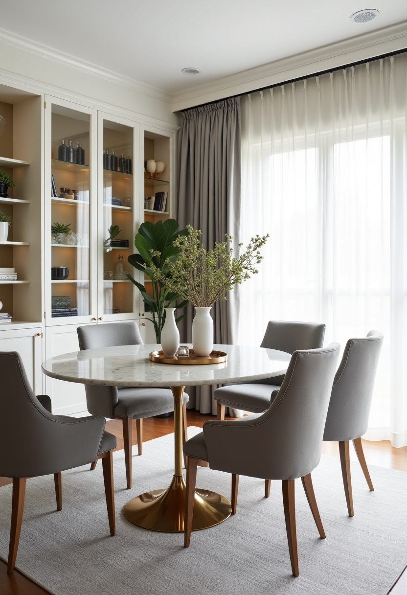 Elegant dining room featuring a round marble table, gray chairs, and soft sheer curtains. A white cabinet with décor keeps the style clean and refined. Save this minimalist elegance!
#elegantdining #marbletable #minimalistdecor #neutraltones
