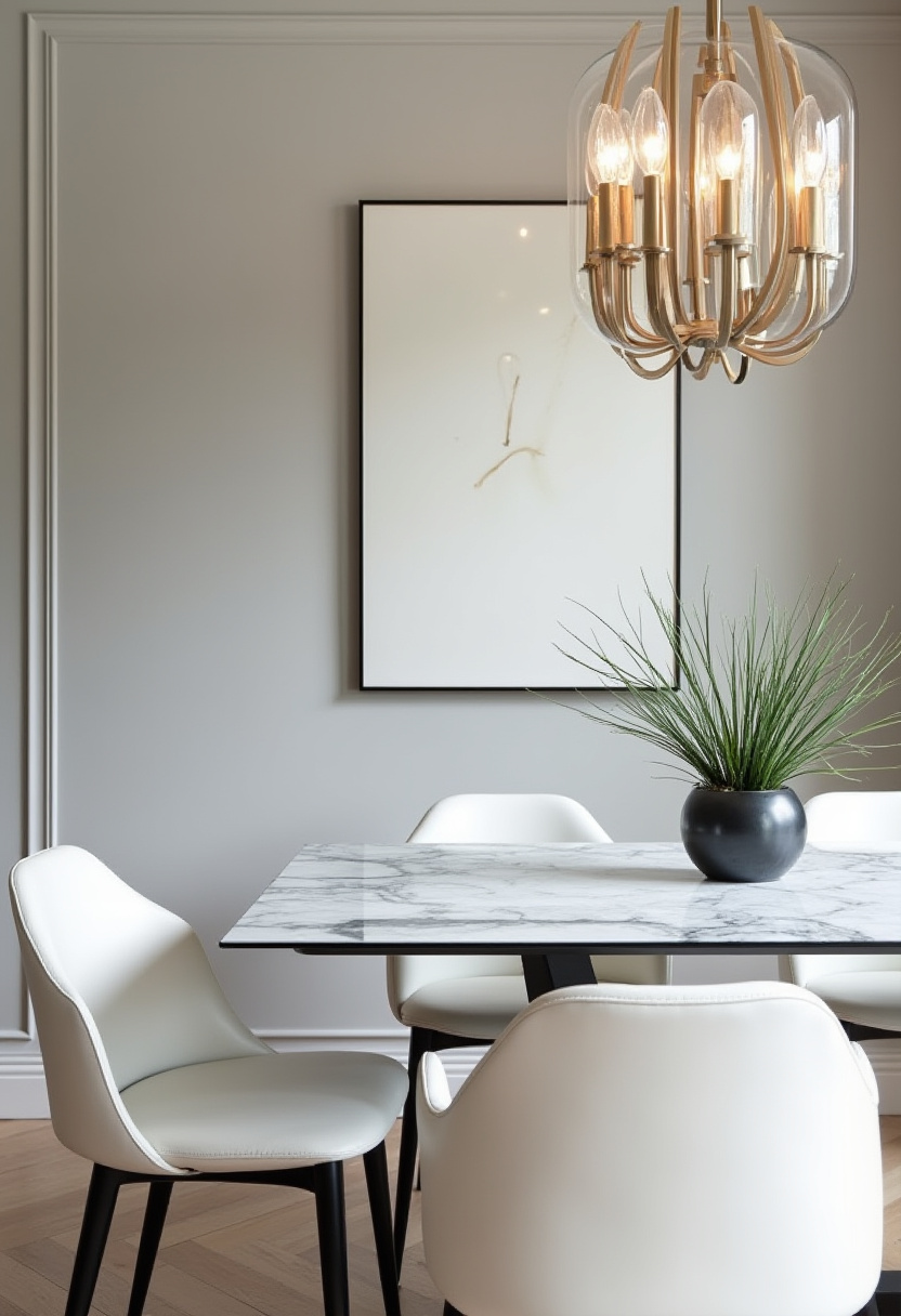 Sophisticated and elegant, this dining room features a marble table, white chairs, and a black vase with greenery. Abstract art and a modern chandelier complete the look. Save this refined style!
#elegantdiningroom #blackandwhiteinterior #marbledining #modernchic
