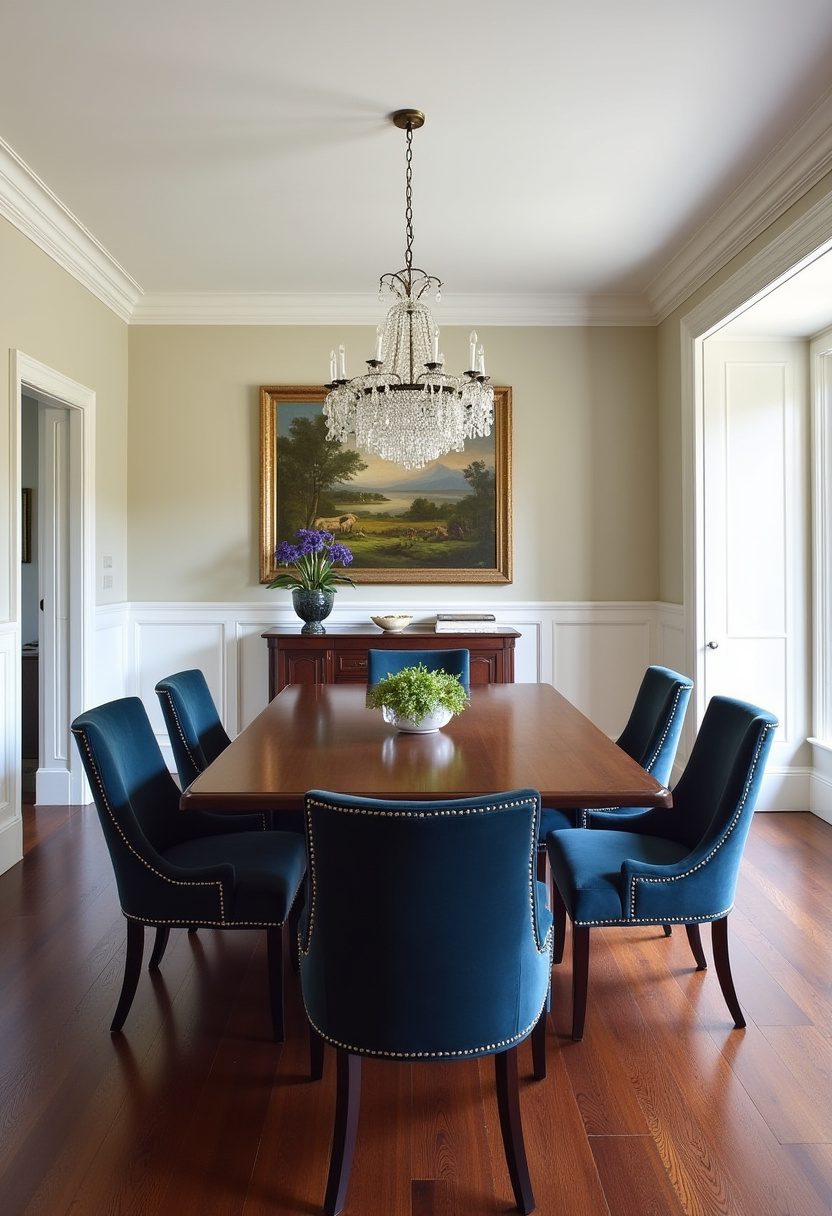 This elegant dining space features a wooden table, blue velvet chairs, and a sparkling crystal chandelier. A landscape painting adds classic charm. Pin this airy, luxe look!
#velvetchairs #diningroomdesign #classicstyle #blueinterior
