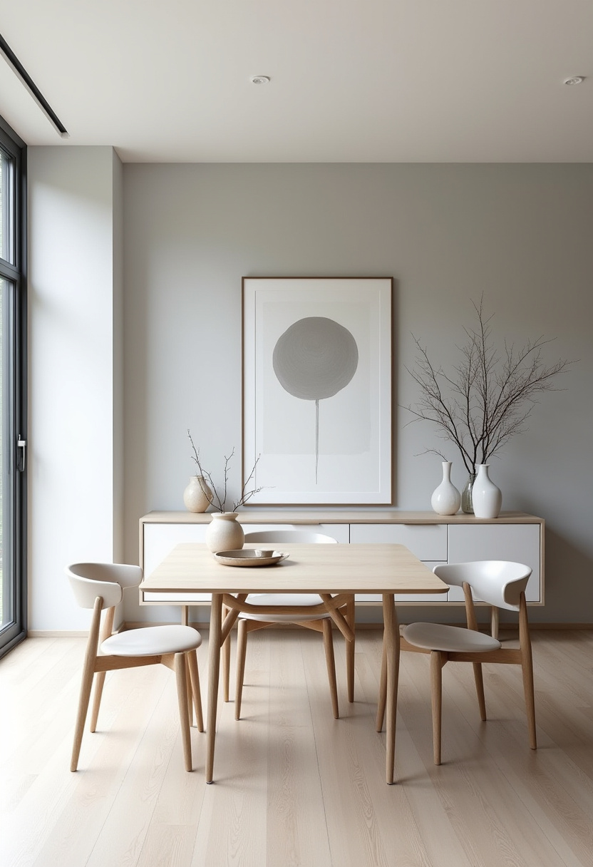 A serene modern dining room with a light wood table, matching chairs, and a gray accent wall. Abstract art, ceramic vases, and soft light complete the minimalist vibe. Save this calm aesthetic!
#modernminimalist #grayinterior #woodtable #neutralstyle
