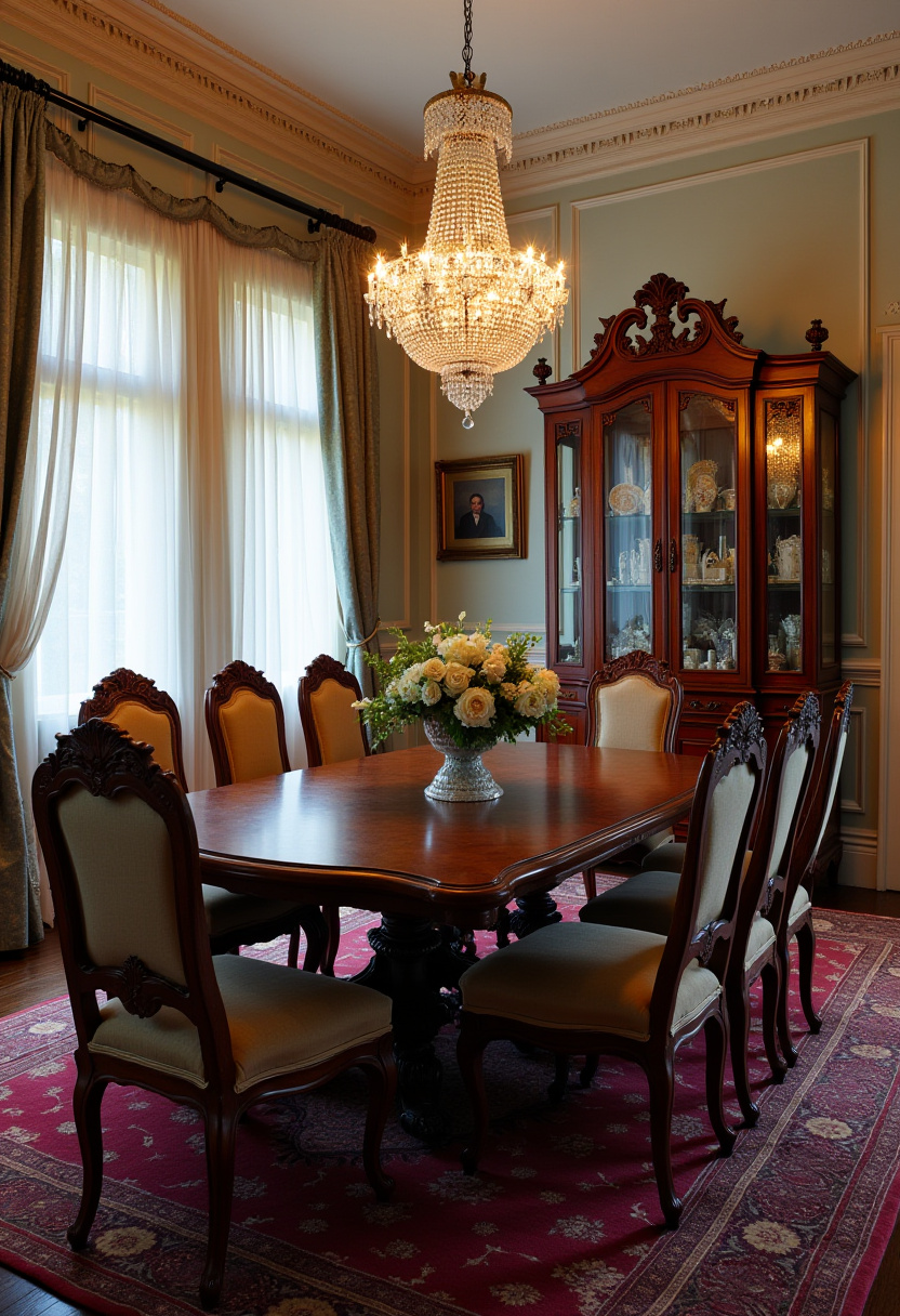 Classic and ornate, this dining room features a large wooden table, crystal chandelier, floral centerpiece, and an elegant china cabinet. Timeless luxury. Pin this formal dining space!
#luxurydining #classicdecor #crystalelegance #floralcenterpiece
