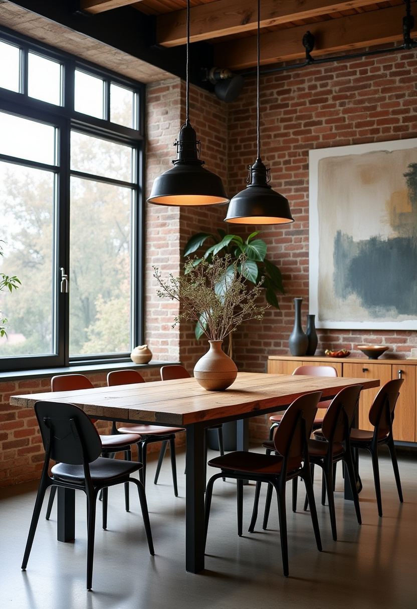 Cozy charm meets urban edge in this dining room with brick walls, a wooden table, and a vase of branches. Pendant lighting adds warmth and style. Save for rustic-modern inspo!
#brickwallinterior #moderncozy #woodandmetal #urbanrustic

