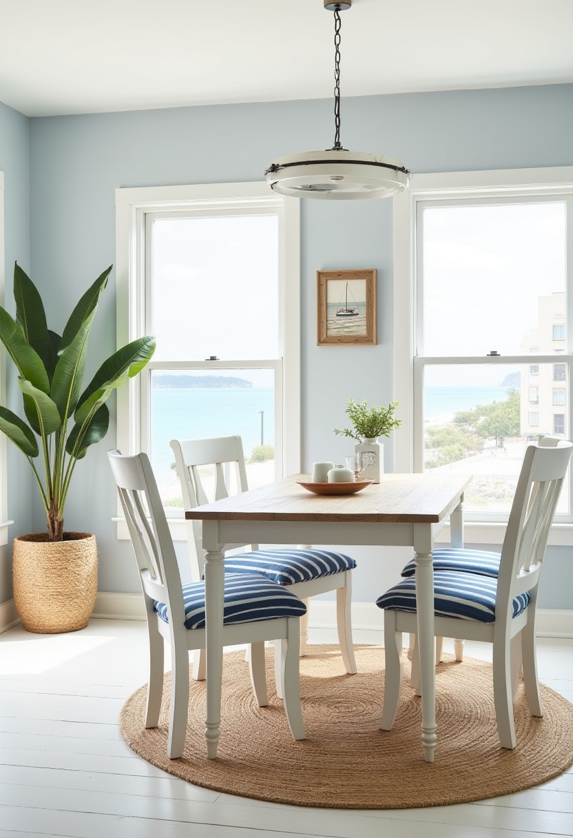 This coastal dining room brings warmth with a wooden table, striped cushion chairs, and ocean views. A potted plant and round rug complete the look. Pin this breezy, beachy vibe!
#coastaldecor #beachdiningroom #naturalstyle #blueaccents
