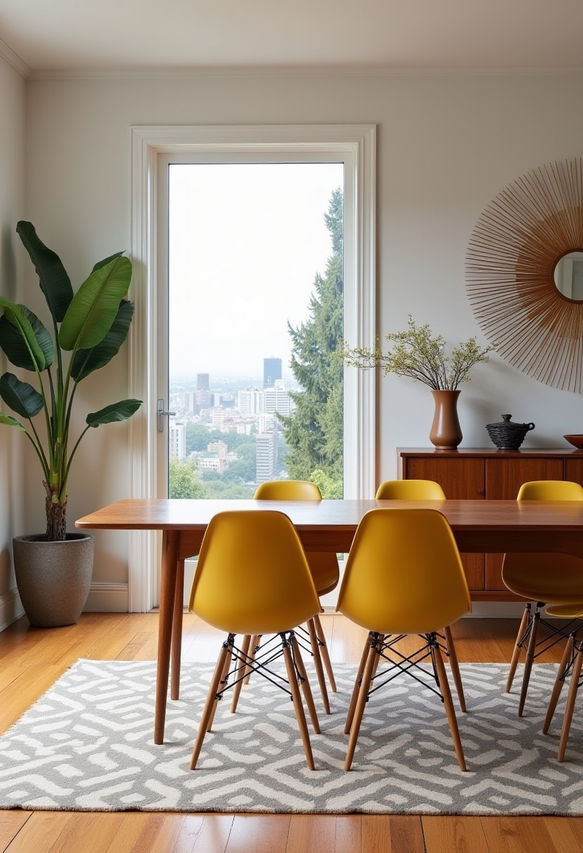 A vibrant modern dining room with a wood table, yellow chairs, and a patterned rug. A city view and sunburst mirror add bold personality. Save for colorful urban vibes!
#modernboho #yellowdecor #cityviewinterior #patternmixing
