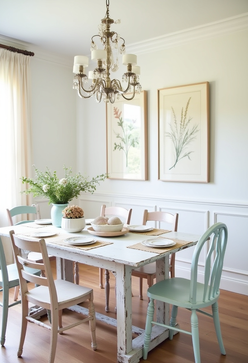 Charming rustic dining room with a distressed white table, pastel chairs, and a delicate chandelier. Botanical prints complete this soft, serene setup. Pin this cottagecore dream!
#rusticchic #pasteldecor #cottagecorevibes #vintagestyle
