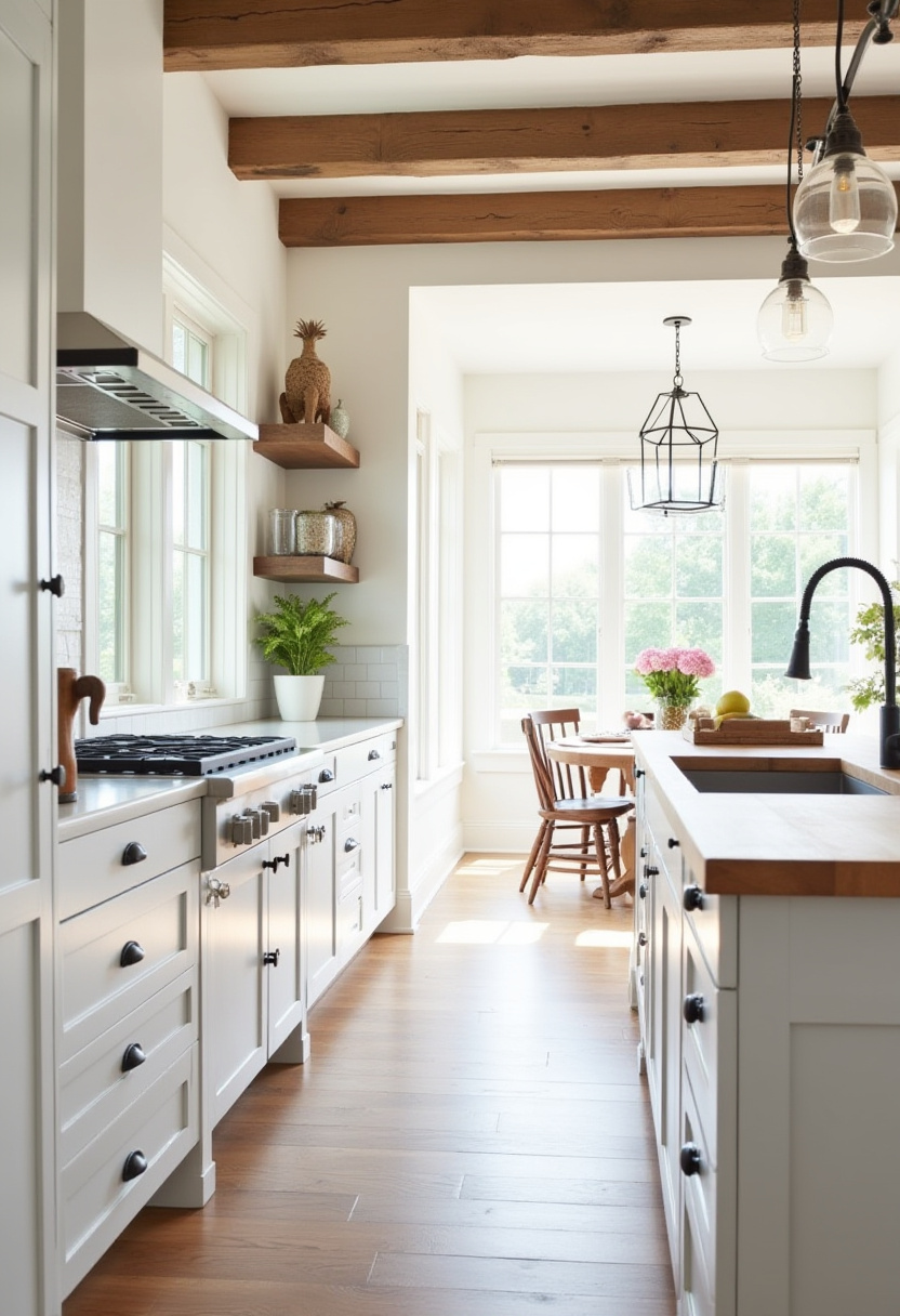 White cabinets and exposed beams set the tone in this bright, airy kitchen. A round table by the window makes it feel like the heart of the home. Pin for farmhouse kitchen ideas!
#BrightKitchen #ExposedBeams #FarmhouseStyle #WhiteKitchen #DiningNook
