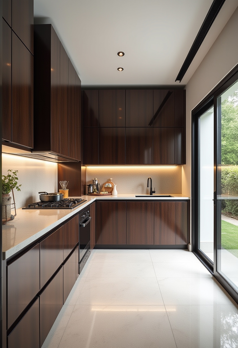 This sleek kitchen pairs dark wood cabinets with white counters and soft under-cabinet lighting. A window view adds nature to the modern elegance. Save this chic kitchen design!
#ModernKitchen #DarkWoodCabinets #UnderCabinetLighting #ElegantDesign #KitchenGoals