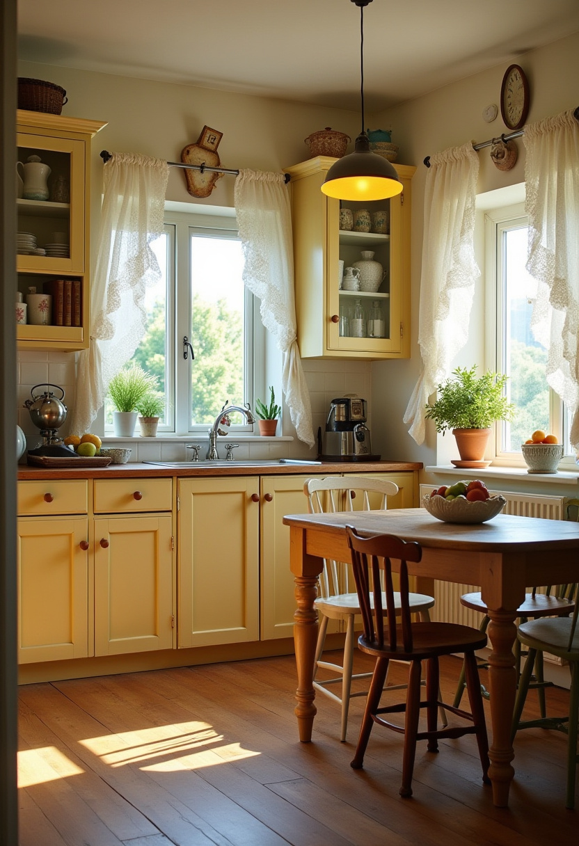 Yellow cabinets, lace curtains, and warm sunlight create a welcoming kitchen with vintage flair. A fruit bowl and potted plants add life. Pin this cheerful kitchen!
#VintageKitchen #YellowCabinets #SunnyInteriors #CozySpaces #KitchenStyle