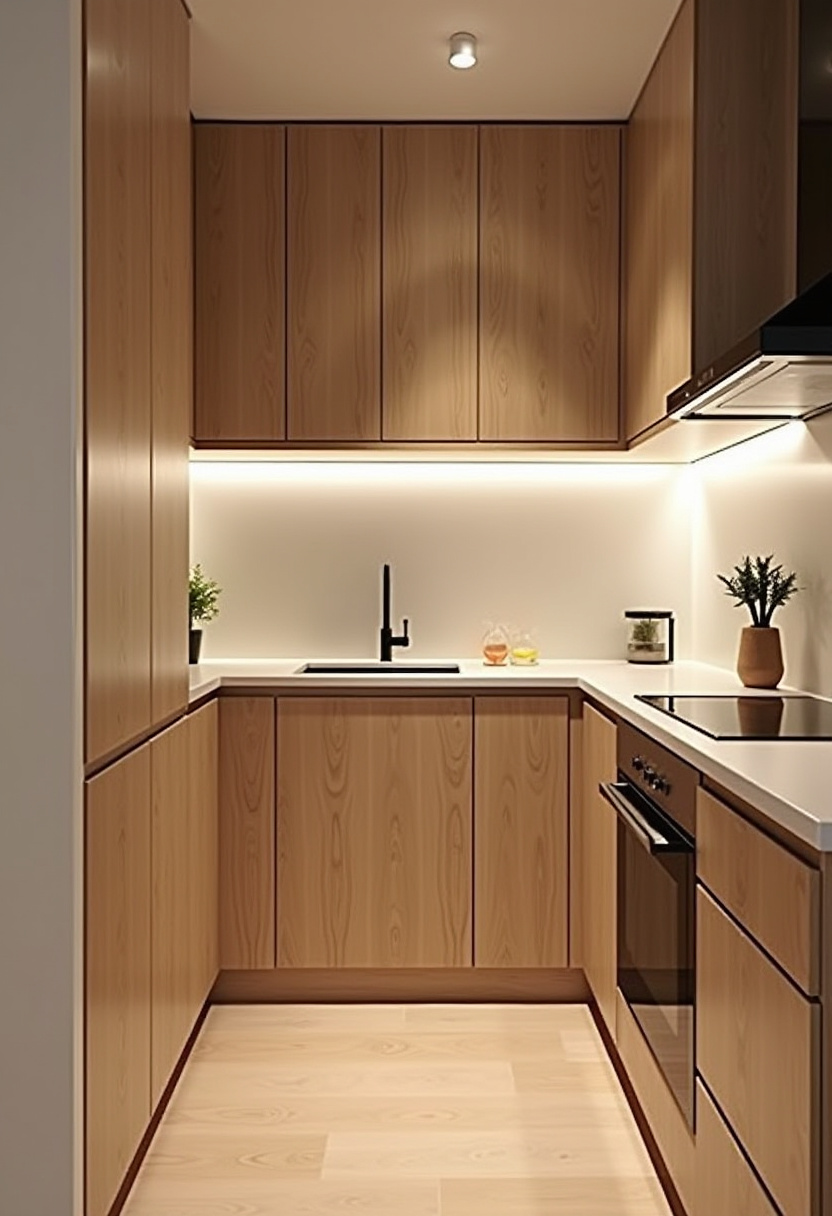 A modern mix of white countertops and wood cabinets is elevated by soft lighting and elegant touches. Black fixtures and greenery bring contrast. Pin this stylish kitchen setup!
#ModernKitchen #WoodAndWhite #ElegantInteriors #UnderCabinetLighting #KitchenDecor