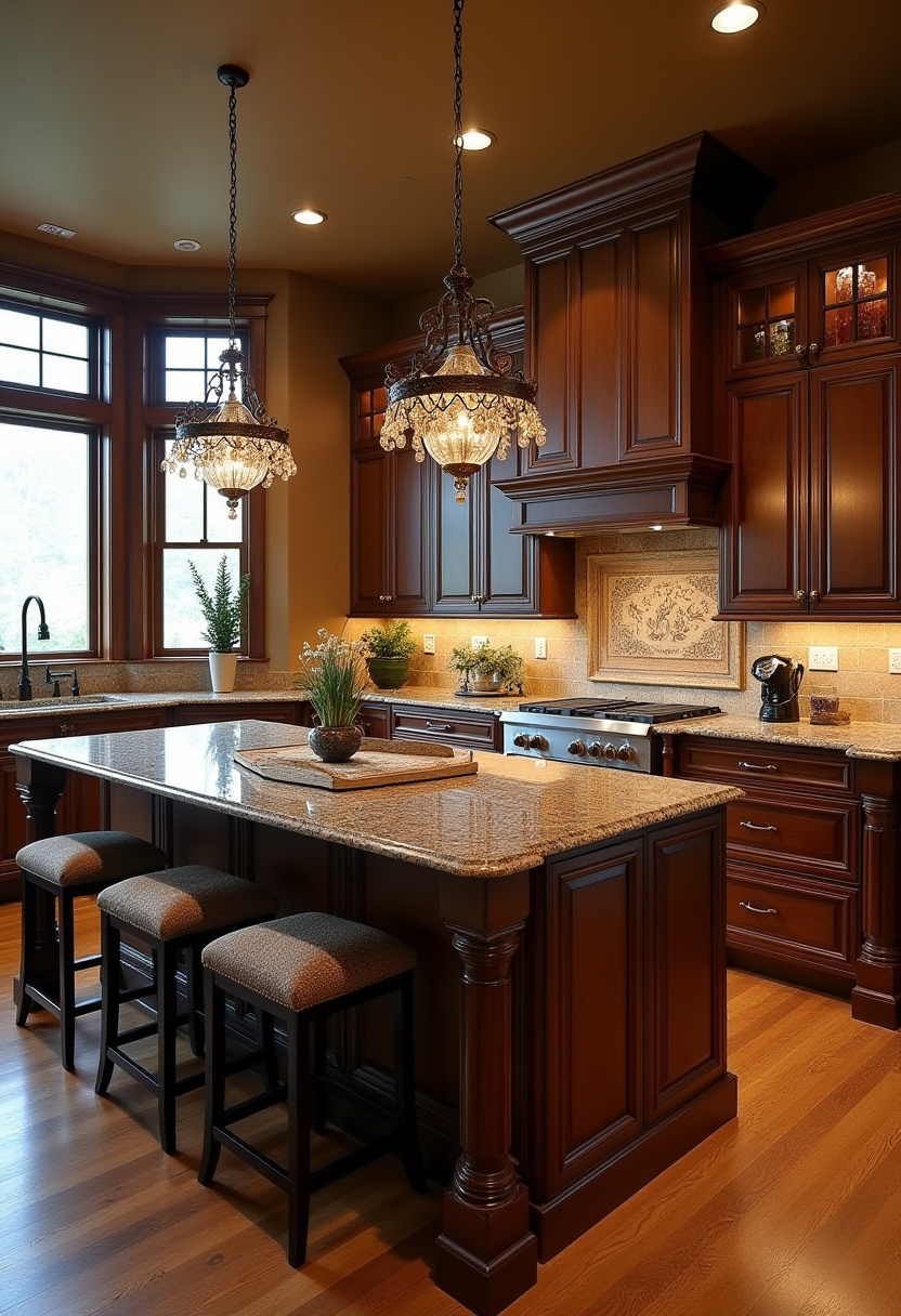 Elegant and warm, this kitchen boasts dark wood cabinets, granite counters, and chandeliers over a cozy island. Perfect for entertaining in style. Save this luxurious kitchen!
#ElegantKitchen #DarkWoodDesign #GraniteCountertops #ChandelierKitchen #CozyLuxury