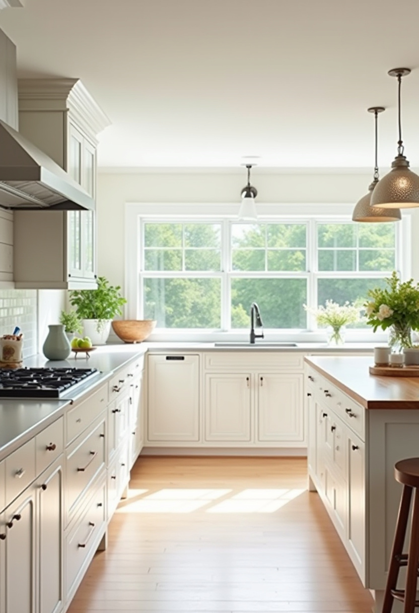 White cabinets, wooden counters, and large windows make this bright kitchen a breath of fresh air. Pendant lights and fresh blooms finish the look. Pin it for fresh kitchen inspiration!
#BrightKitchen #WhiteCabinets #WoodCountertops #FreshFlowers #AirySpaces
