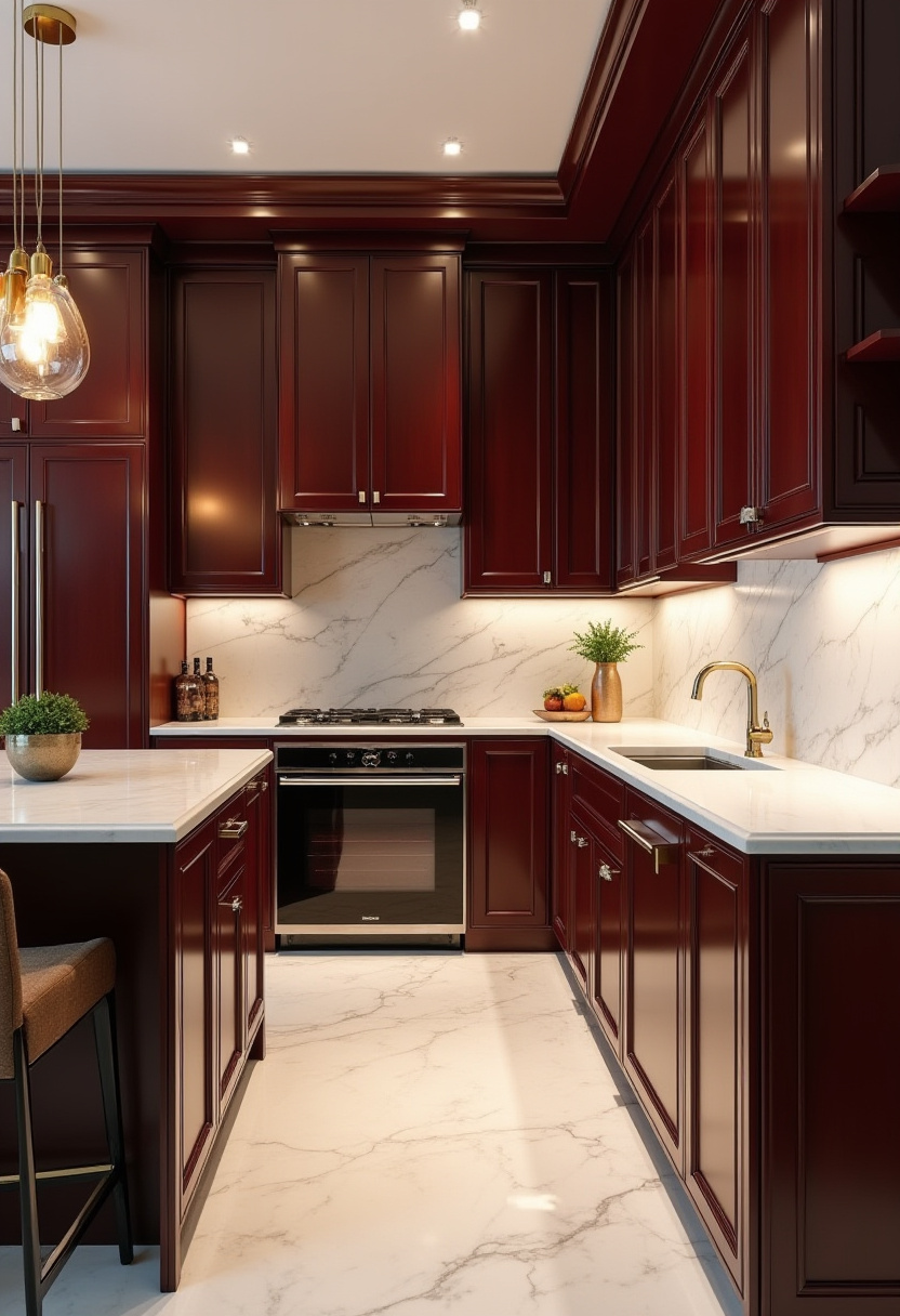 Burgundy cabinets and gold fixtures make this kitchen rich in color and elegance. Marble counters and warm lighting set a cozy, upscale tone. Pin this luxurious kitchen idea!
#LuxuryKitchen #BurgundyCabinets #GoldFaucet #MarbleBacksplash #ElegantSpaces