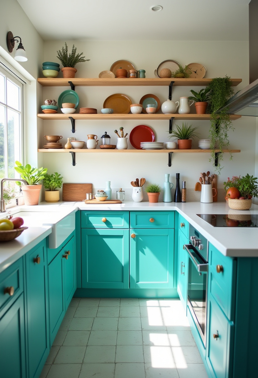 Bright and playful, this kitchen features teal cabinets, open wood shelves, and pops of color. Sunlight and plants add a vibrant, homey feel. Love color? Save this kitchen!
#ColorfulKitchen #TealCabinets #OpenShelving #SunlitSpaces #KitchenInspo