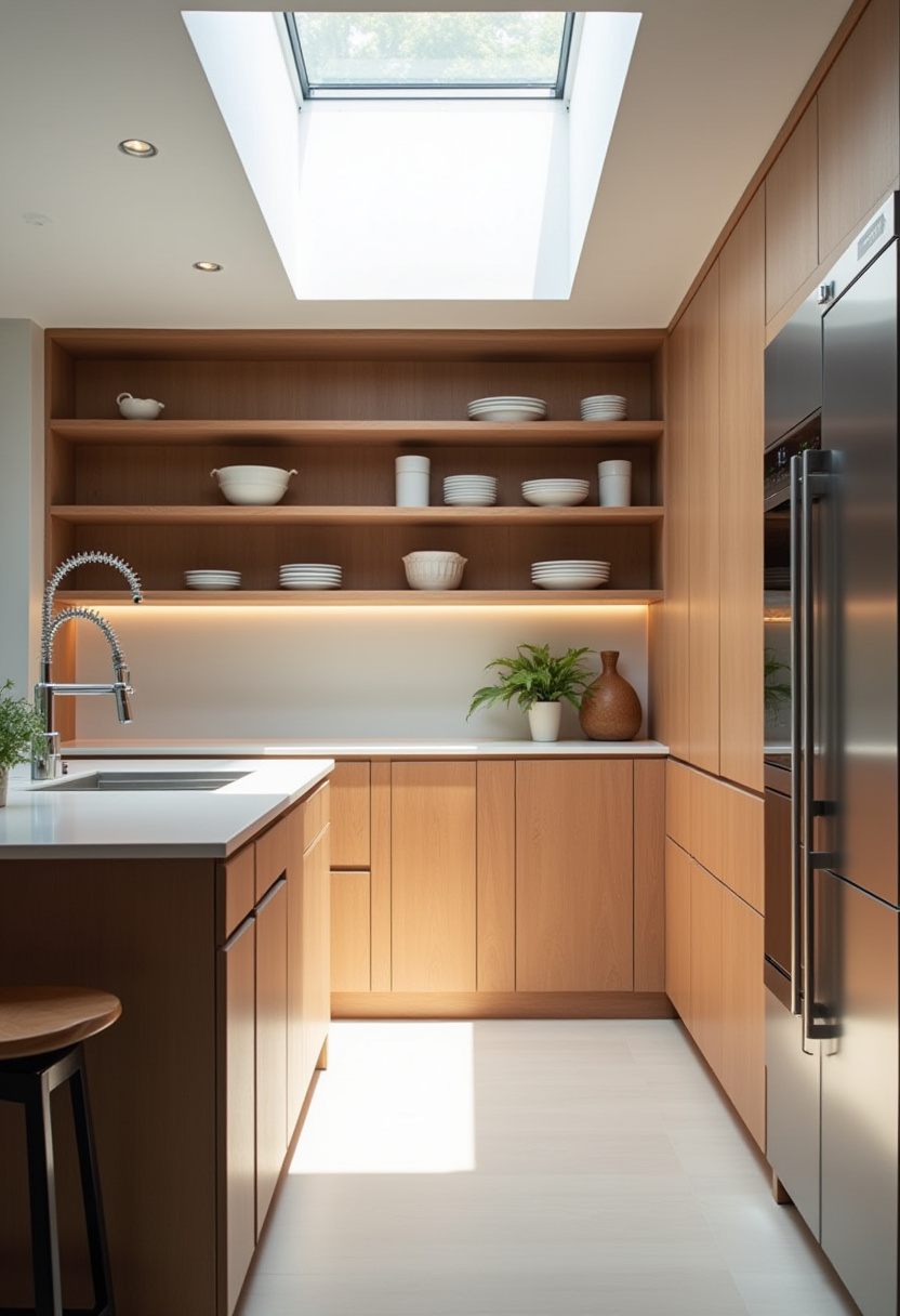 A skylight and wood cabinets make this modern kitchen feel bright and refreshing. Sleek fixtures and open shelves add a clean, airy vibe. Save this sun-filled kitchen setup!
#ModernKitchen #WoodCabinets #SkylightKitchen #MinimalDesign #FreshInteriors
