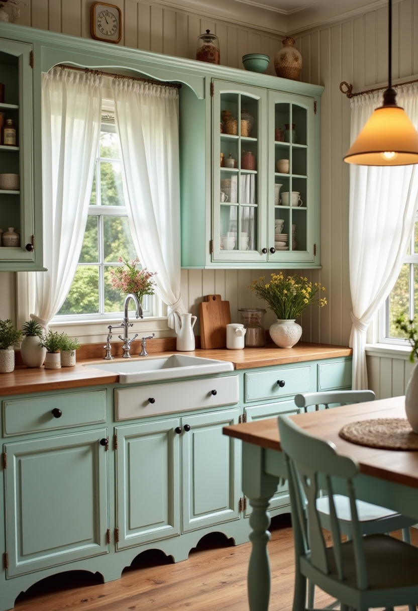 Soft green cabinets, a farmhouse sink, and sheer curtains give this kitchen timeless cottage charm. A sun-dappled space that feels like home. Save this farmhouse kitchen inspiration!
#FarmhouseKitchen #PastelCabinets #CottageCoreKitchen #SunlitDesign #CozyCharm