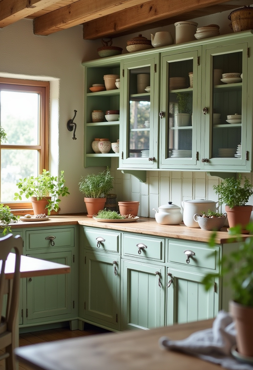 Bright and rustic, this kitchen with green cabinets and wooden countertops blends earthy tones with natural light. Perfect for a cottagecore feel! Pin this cozy green kitchen idea!
#GreenKitchen #RusticStyle #CottagecoreKitchen #HerbGarden #NaturalVibes