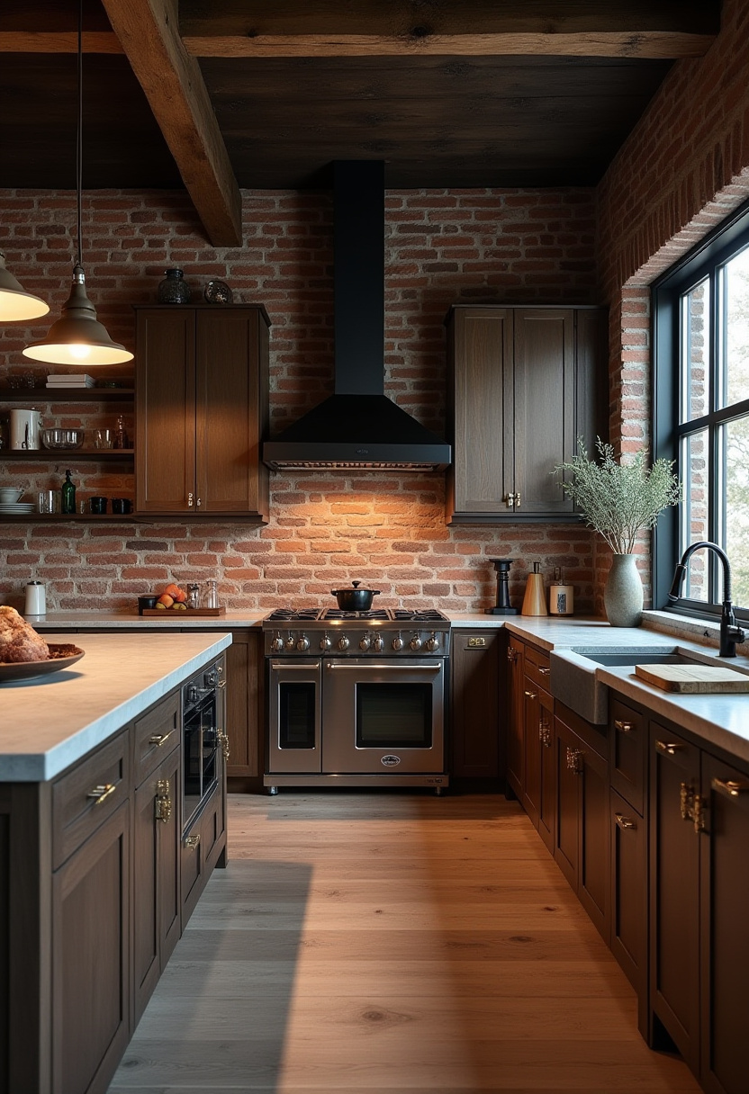 This rustic kitchen boasts brick walls, dark wood cabinetry, and stainless steel accents. Warm lighting sets a cozy tone for timeless charm. Love rustic kitchens? Save this one!
#RusticKitchen #BrickWallKitchen #DarkWoodCabinets #WarmInteriors #CozyVibes