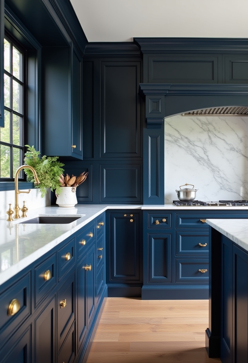 Elegant and bold, this luxurious kitchen features navy cabinets, brass hardware, and marble finishes. A golden faucet and serene decor complete the look. Save this high-end kitchen design!
#LuxuryKitchen #NavyCabinets #MarbleCountertops #ElegantKitchen #InteriorDesignInspo