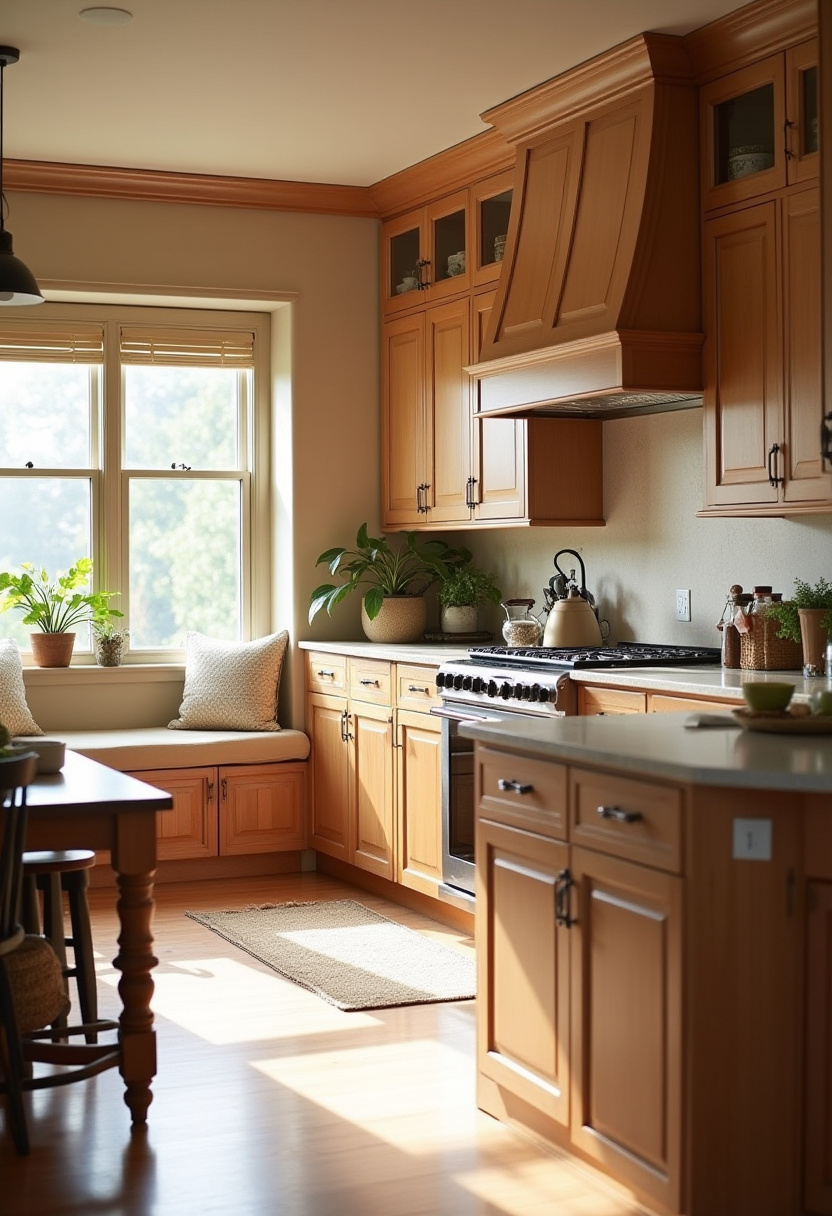 This warm kitchen feels like home with sunlit wood cabinets and a cozy window nook. Plants and soft textures bring nature indoors. Pin it for cozy kitchen ideas!
#WarmKitchen #NaturalLight #WoodCabinets #CozyNook #HomeySpaces