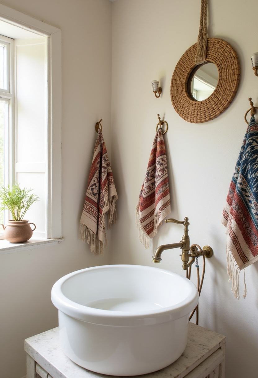 Small details bring big charm in this cozy bathroom corner with a vintage brass faucet, woven mirror, and patterned towels. The perfect mix of warm and whimsical.
#CozyBathroomCorner #BrassFaucet #WovenMirror #WarmBathroomDecor #SmallBathroomStyle