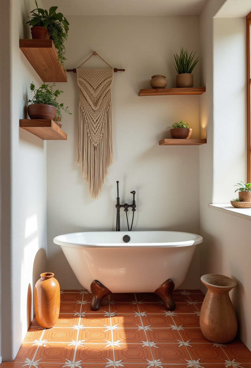 Terracotta tiles and wood shelves bring natural warmth to this serene space. A clawfoot tub and macramé decor complete the cozy bathroom look.
#TerracottaBathroom #ClawfootTub #NaturalBathroomDecor #MacrameWallArt #WarmBathroomStyle