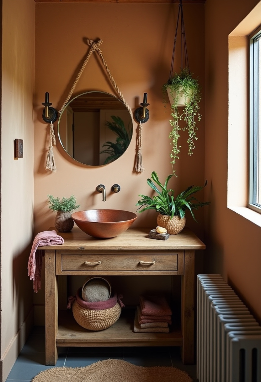 This earthy bathroom glows with terracotta tones, a wood vanity, and a copper bowl sink. Hanging plants and soft accents make it feel grounded and cozy.
#TerracottaDecor #EarthyBathroom #CopperSink #WoodVanity #BathroomWithPlants