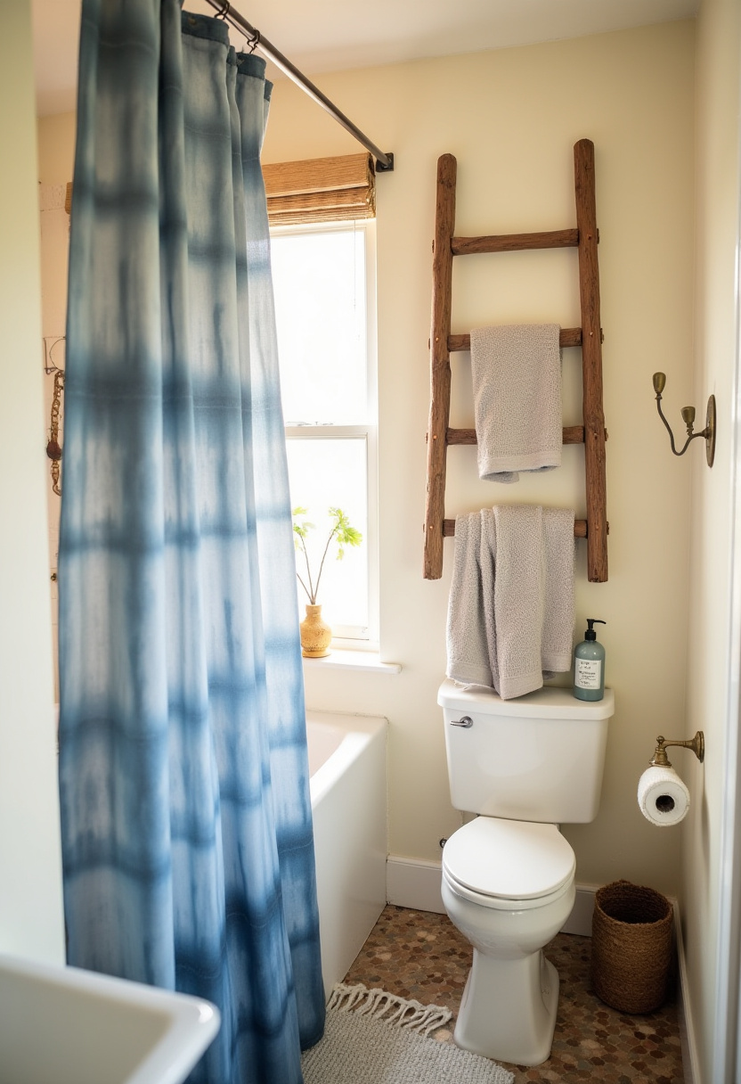 Infuse rustic charm with a blue tie-dye curtain, wicker basket, and vintage lighting. This cozy bathroom setup is both playful and warm—perfect for everyday comfort.
#RusticBathroomDecor #TieDyeShowerCurtain #VintageBathroom #CozyBathroomIdeas #WickerStorage