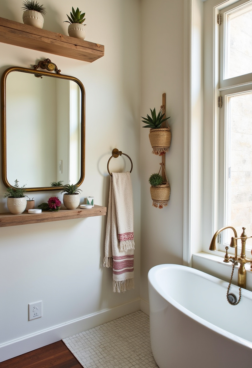 Soothing and serene, this bathroom features a white tub, gold fixtures, and hanging plants that bring in the calm. A light, airy atmosphere perfect for relaxing at home.
#SereneBathroom #GoldFaucet #HangingPlants #LightFilledSpace #PeacefulBathroom