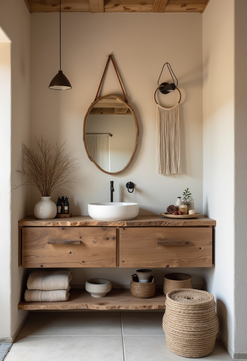 This calming bathroom pairs a wood vanity, vessel sink, and dried florals with natural textures. The neutral color palette makes it ideal for a restful, grounded space.
#NeutralBathroom #EarthyDecor #WoodVanity #VesselSink #CozyBathroomDesign