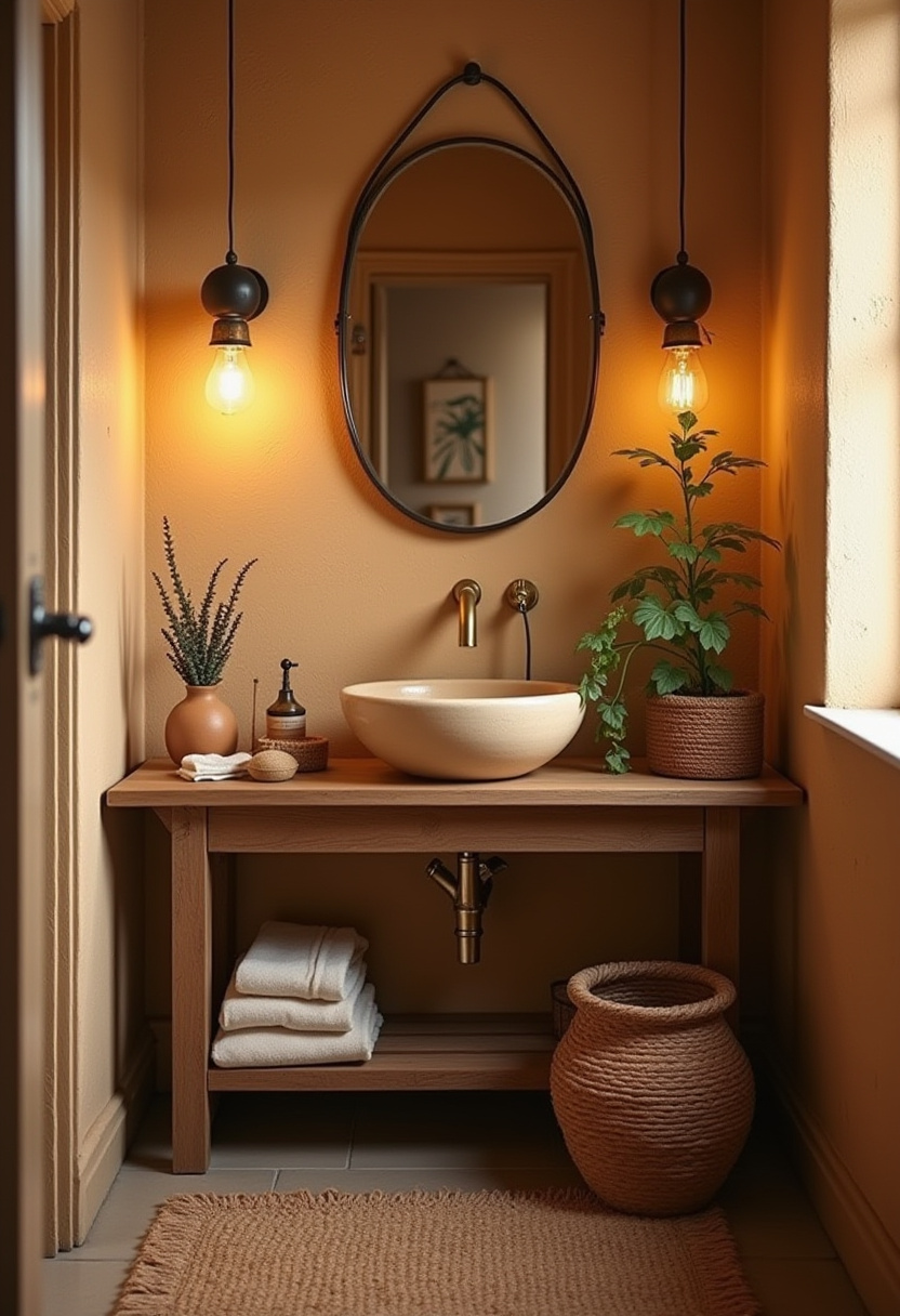 Warm light, natural wood accents, and hanging bulbs give this bathroom a relaxed and cozy feel. The oval mirror and greenery add softness and balance to the modern design.
#WarmBathroomLighting #ModernRusticBathroom #CozyBathroomVibes #NaturalBathroomDecor #OvalMirror