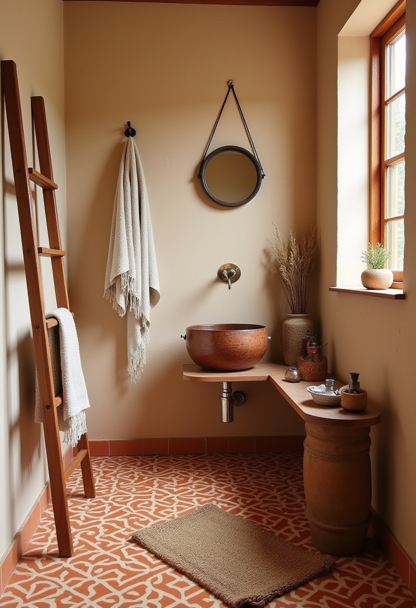 This peach-toned bathroom radiates warmth with gold accents, macramé decor, and lush greenery. Soft lighting and natural elements like woven baskets complete the cozy boho feel. Save for your next bathroom refresh!
#BohoBathroom #PeachBathroom #GoldFaucet #MacrameWallHanging #BathroomInspiration