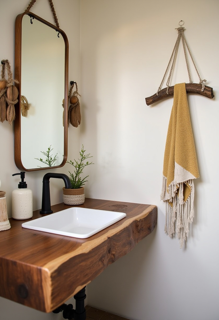 Go earthy with this copper vessel sink, black faucet, and wood vanity—enhanced by warm peach walls and woven plant hangers. A grounded design that feels both rustic and refined. Pin for natural bathroom decor ideas!
#EarthyBathroom #CopperSink #RusticBathroom #WoodVanity #PlantLoversBathroom