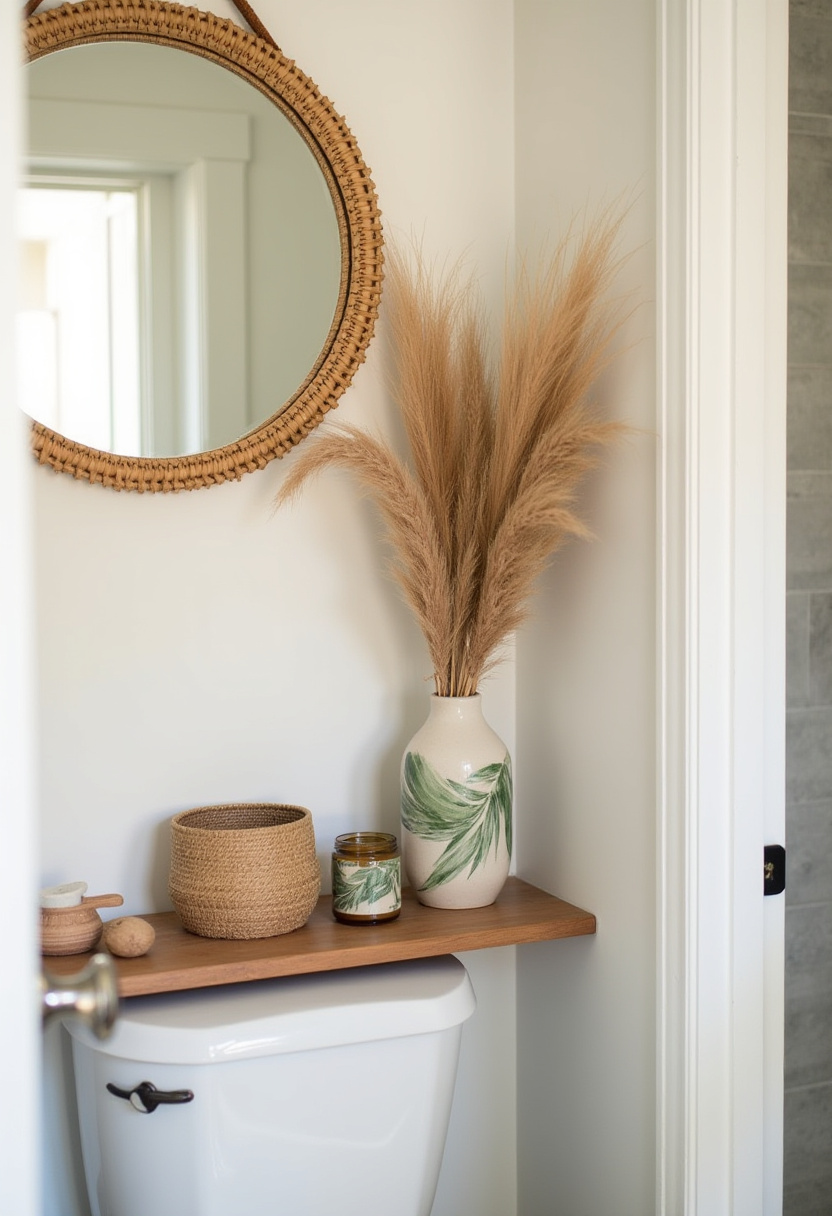 Minimalism meets warmth in this bathroom with wood shelves, trailing plants, and woven baskets. Clean lines, brass hooks, and natural light make this small space feel fresh and airy.
#MinimalistBathroom #WoodShelves #WovenStorage #EarthyBathroomDesign #CleanBathroomLook