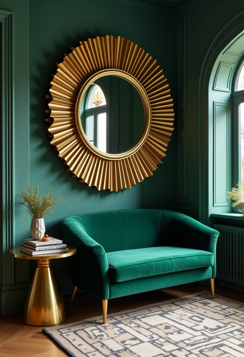 Step into luxury with this stunning room featuring a rich emerald green sofa, a glamorous round gold-framed mirror, and a chic gold table stacked with books. Sunlight streaming through an arched window adds warmth and elegance, perfect for lovers of glam home decor, jewel-toned interiors, and modern luxury style. Pin this look to elevate your space with timeless sophistication!
#LuxuriousLivingRoom #EmeraldGreenSofa #GlamHomeDecor #GoldAccentDecor #JewelToneInteriors #ModernLuxury #ElegantHomeStyle #ArchedWindowInspo #PinterestDecorIdeas