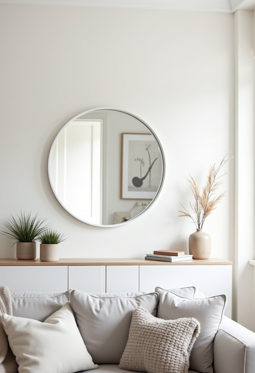 Create a cozy and inviting living room with a crisp white sofa layered with textured pillows and a round mirror reflecting chic minimalist decor. Warmth comes from lush plants and carefully curated books displayed on a wooden cabinet, perfect for fans of modern minimalist interiors, cozy home styling, and natural decor elements. Pin this idea to refresh your living space with simple elegance!
#CozyLivingRoom #MinimalistDecor #TexturedPillows #NaturalHomeStyle #WoodenCabinetDecor #PlantsAndBooks #ModernInteriors #PinterestHomeInspo #WarmLivingSpaces