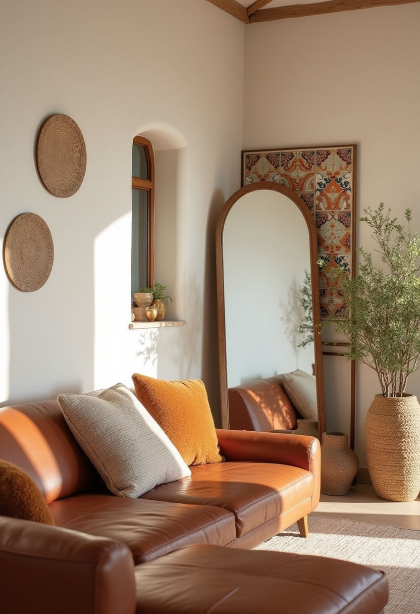 Bring warmth and comfort into your home with this cozy living room featuring a rich brown leather sofa accented by orange and beige pillows. A large mirror and vibrant potted plants complement the sunlit space, creating a perfect blend of rustic charm and natural elegance. Ideal for lovers of warm-toned decor, leather furniture, and sunlit living rooms. Pin this look to inspire your next cozy home makeover!
#CozyLivingRoom #BrownLeatherSofa #WarmTonedDecor #RusticCharm #PottedPlantsDecor #SunlitSpaces #NaturalHomeStyle #LivingRoomInspo #PinterestHomeDecor