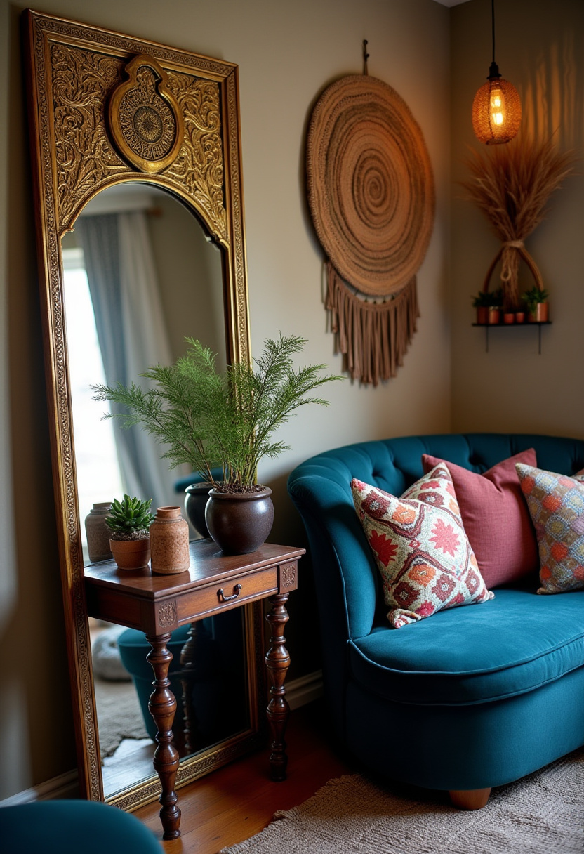 Transform any space into a cozy corner with an ornate gold mirror, a wooden table adorned with lush plants, and a stylish teal sofa layered with patterned pillows. The warm woven wall hanging adds texture and charm—perfect for fans of boho chic decor, eclectic interiors, and colorful living spaces. Pin this inviting setup to inspire your next home refresh!
#CozyCorner #BohoChicDecor #TealSofaStyle #WovenWallHanging #EclecticInteriors #PlantDecorIdeas #GoldMirrorDecor #WarmLivingSpaces #PinterestHomeInspo