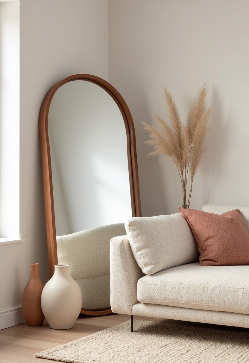 Create a cozy living room corner with a soft beige sofa accented by a warm rust-colored pillow. The large arched mirror and pampas grass bring elegant texture, while vases placed on the floor add inviting warmth—perfect for lovers of boho chic decor, neutral earthy tones, and elegant cozy spaces. Pin this beautiful setup to inspire your next home refresh!
#CozyLivingRoom #BohoChicDecor #ArchedMirror #PampasGrassDecor #RustPillowStyle #NeutralHomeVibes #WarmInteriors #PinterestHomeIdeas #ElegantLivingSpaces